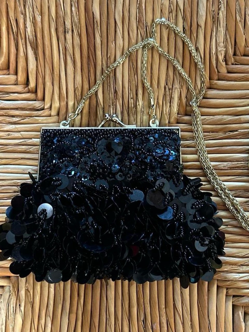Vintage Black Sequin Evening Shoulder Bag with Gold Chain